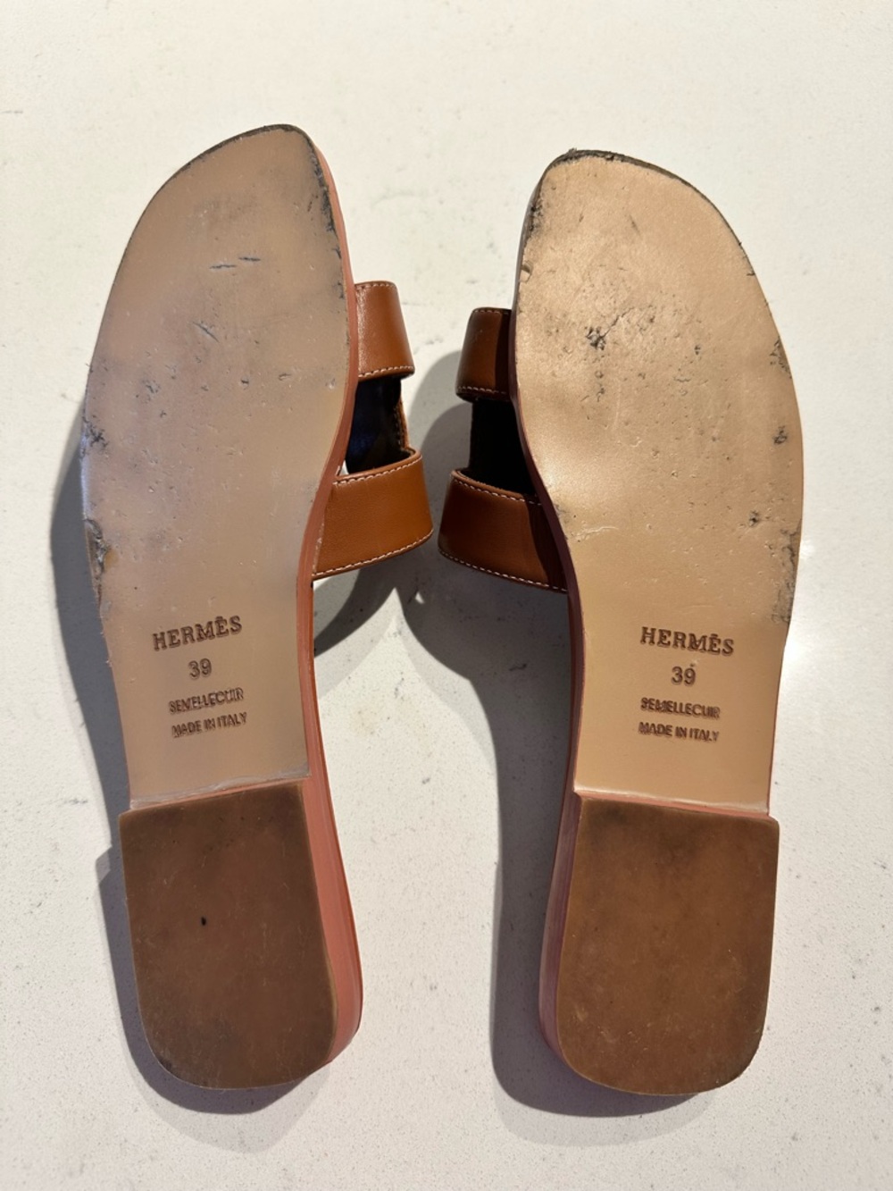 Hermès Oran Tan Brown Leather H Slide Sandals - Picture 3 of 8